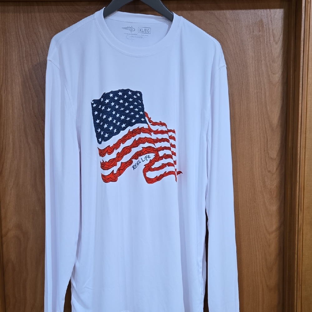 Reel Life Men's White Long Sleeve Shirt with Flag Graphic